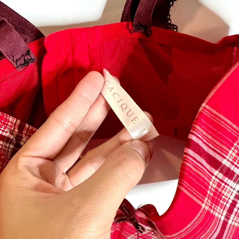 Cacique Lightly Lined Balconette Red Plaid Lace Straps Bra Sexy Holiday Plus 38H - Picture 2 of 5